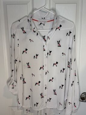 French Bulldog Print Button Down Blouse Dog Lover Cute Heart Shirt